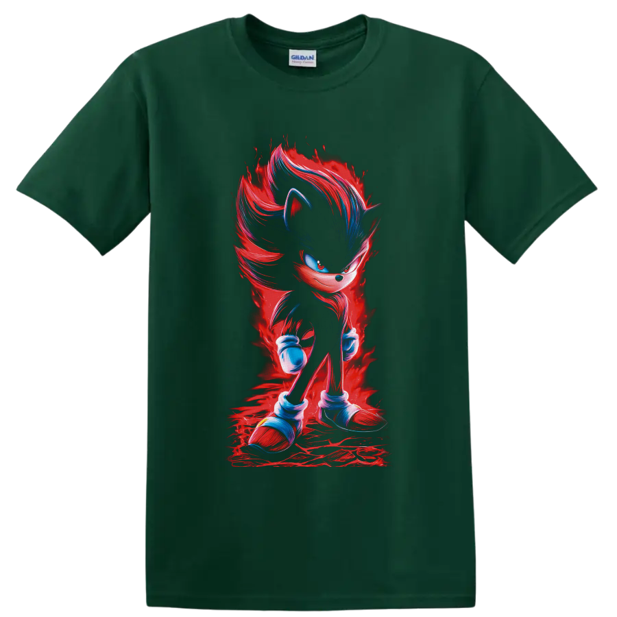 Shadow the Hedgehog with red energy aura and blue painterly highlights on a Forest Green T Shirt