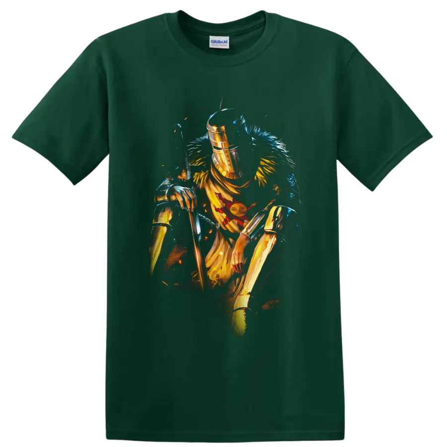Solaire of Astora in gold armor with sword and sun emblem, painterly fantasy art on a Forest Green T Shirt
