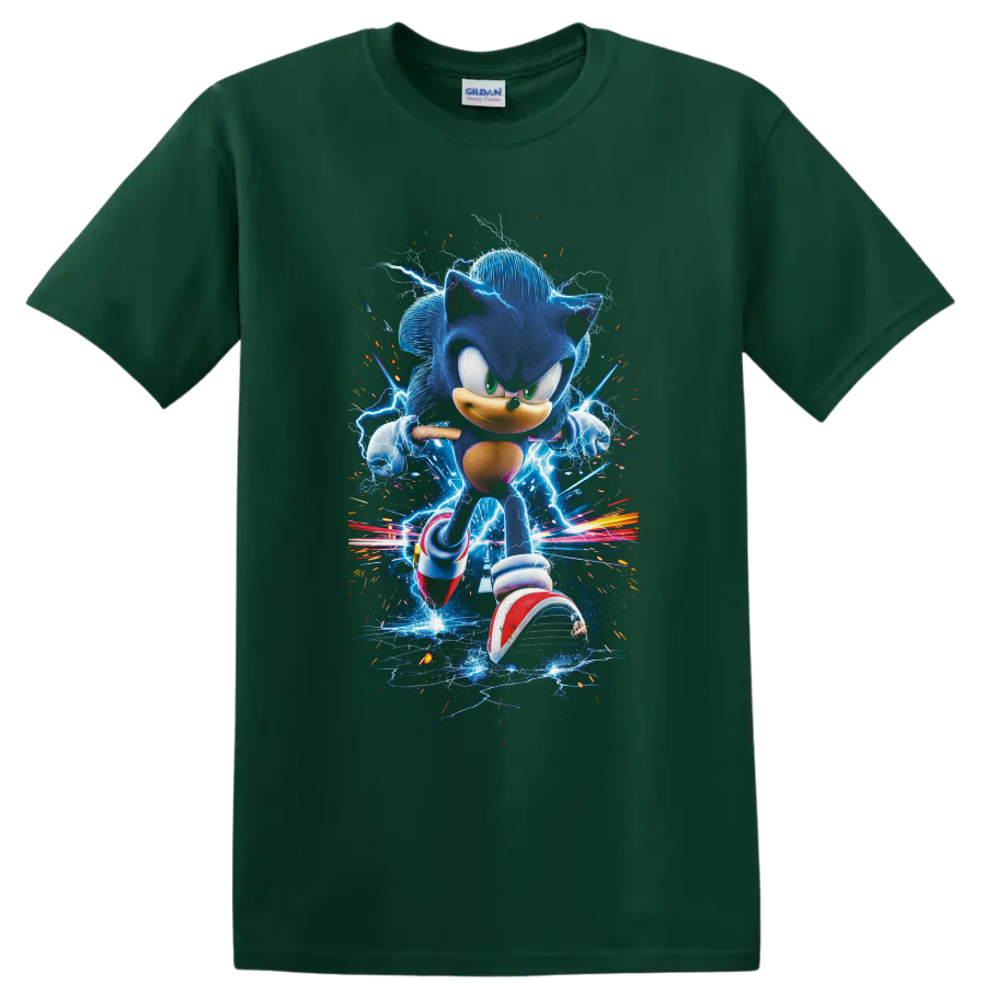 Sonic the Hedgehog running through electric blue lightning and colorful speed trails on a Forest Green T Shirt