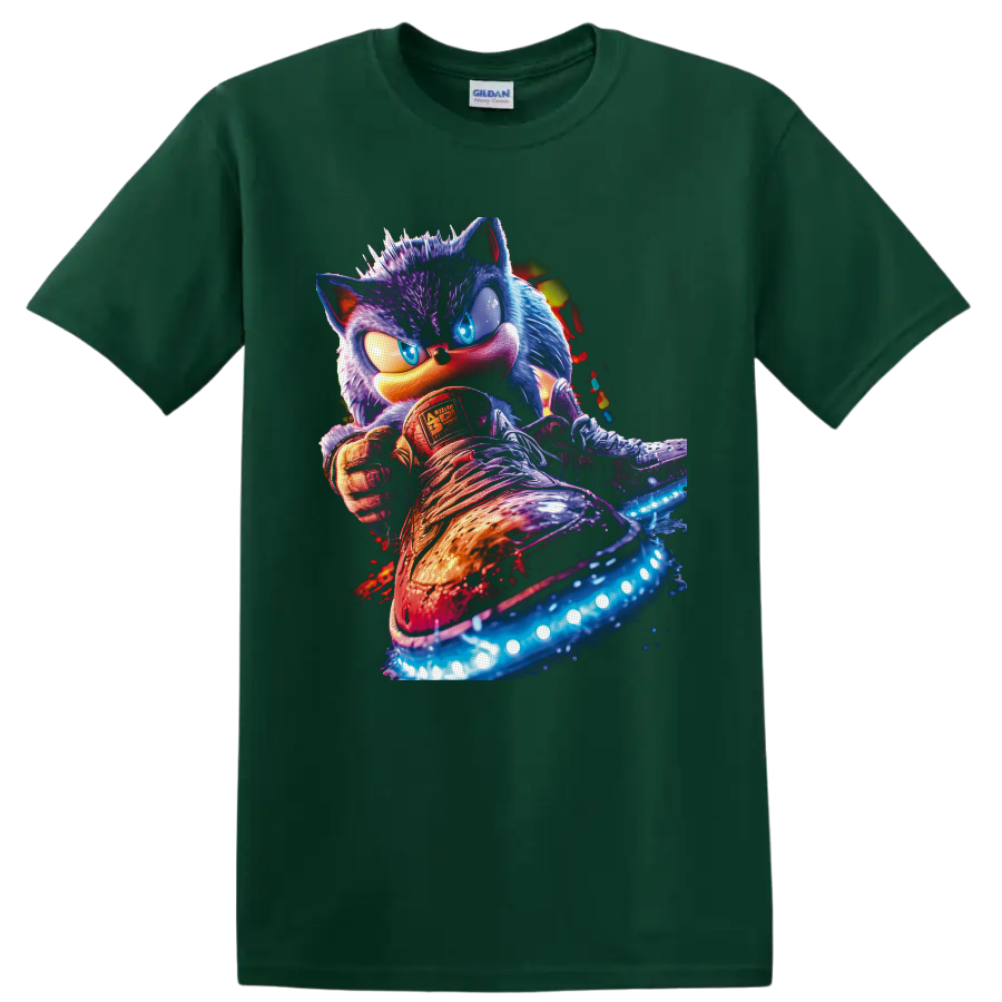 Sonic the Hedgehog neon action portrait with glowing sneakers and splatter effects on a Forest Green T Shirt