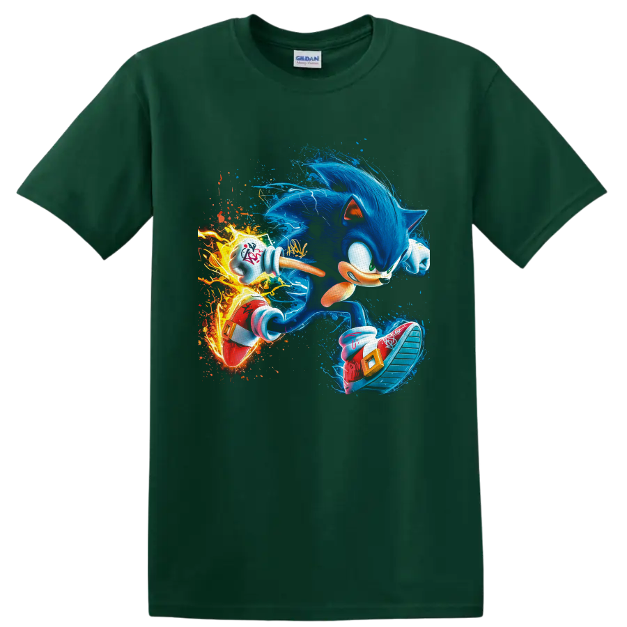 Sonic the Hedgehog sprinting through electric blue trails and fiery digital art on a Forest Green T Shirt