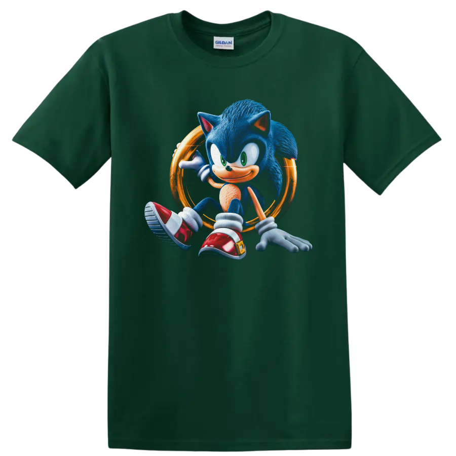 Sonic the Hedgehog seated in a glowing golden ring, detailed retro game character art on a Forest Green T Shirt