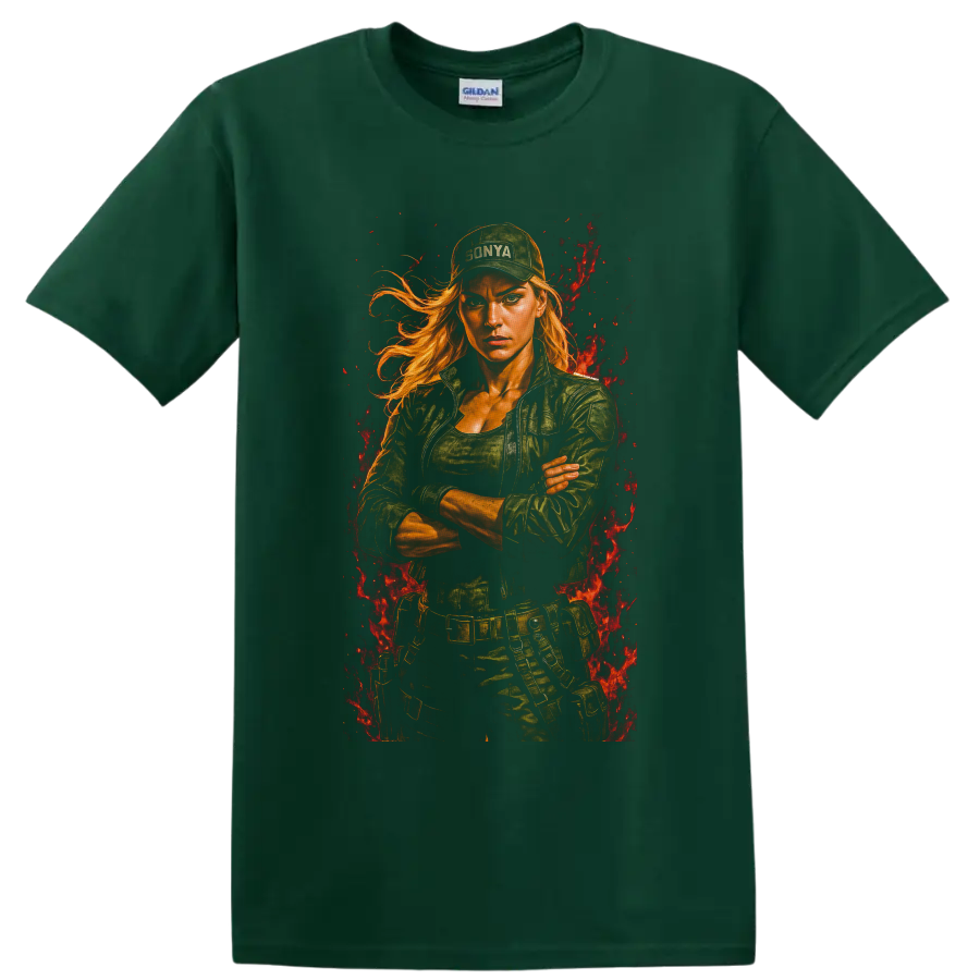 Sonya Blade tactical fighter portrait with flames from Mortal Kombat on a Forest Green T Shirt