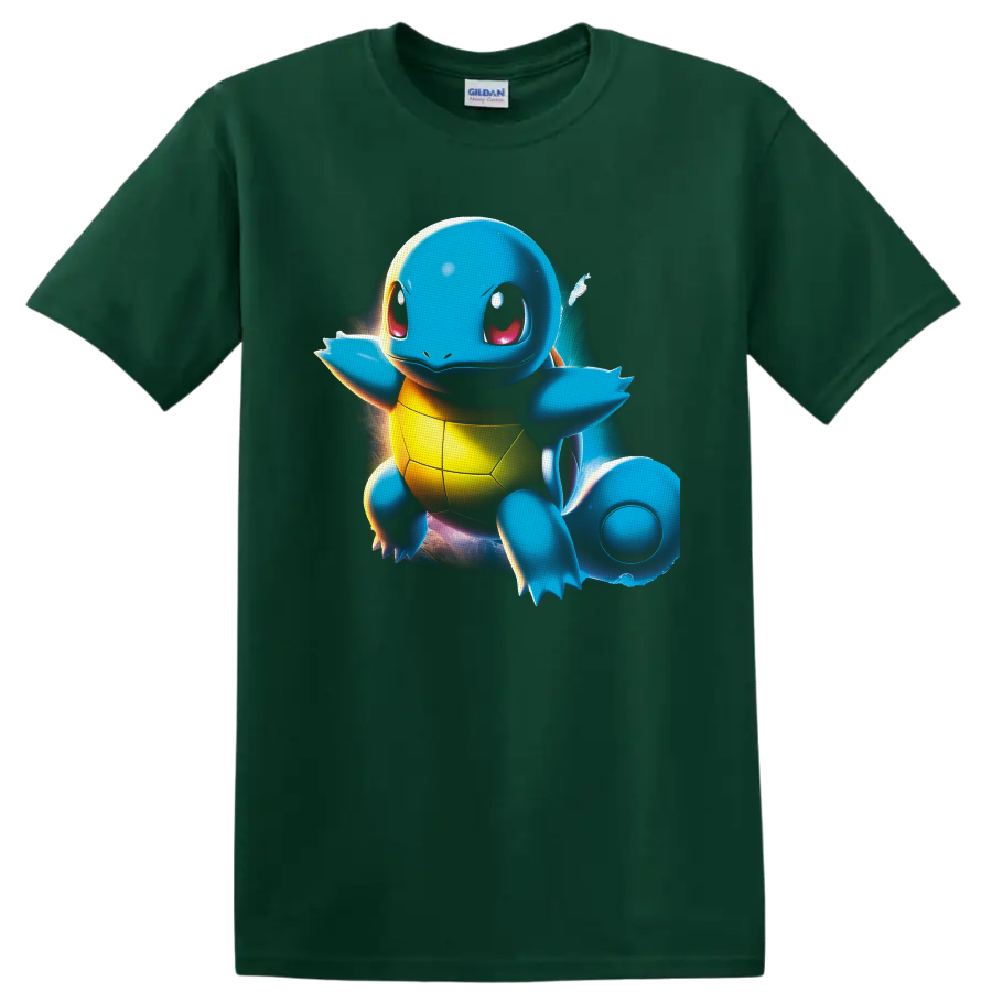 Squirtle Pokémon with glowing cosmic backdrop and vivid digital-art highlights on a Forest Green T Shirt