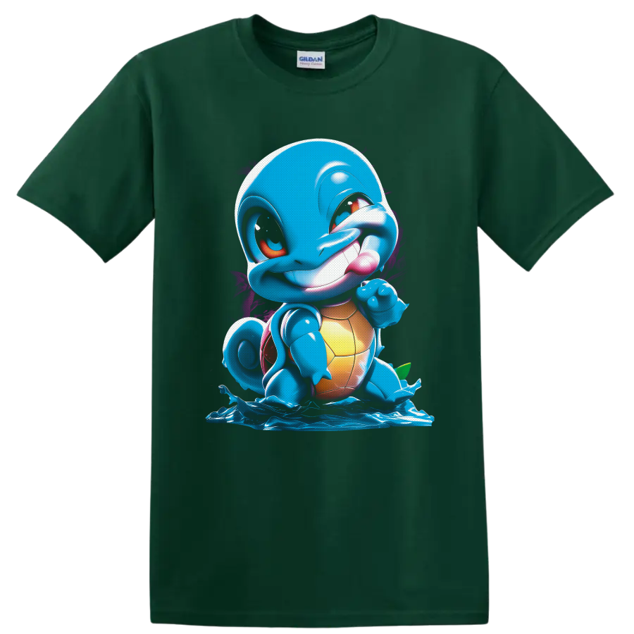 Squirtle in glossy cartoon water splash art with purple paint accents on a Forest Green T Shirt