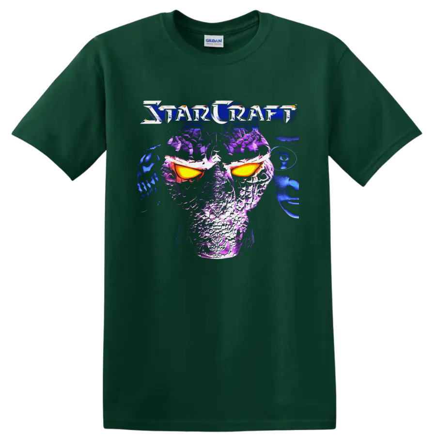 StarCraft Protoss warrior in neon purple armor with glowing orange eyes on a Forest Green T Shirt