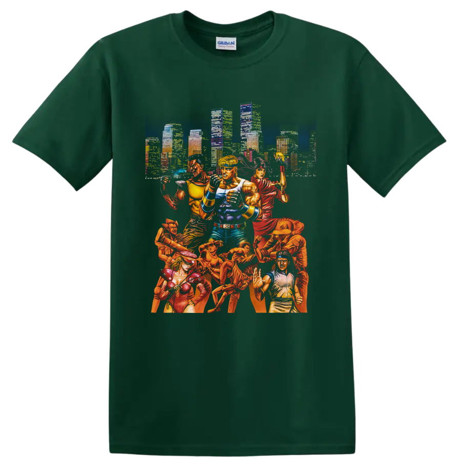 Streets of Rage fighters in comic-style action before a neon city skyline on a Forest Green T Shirt