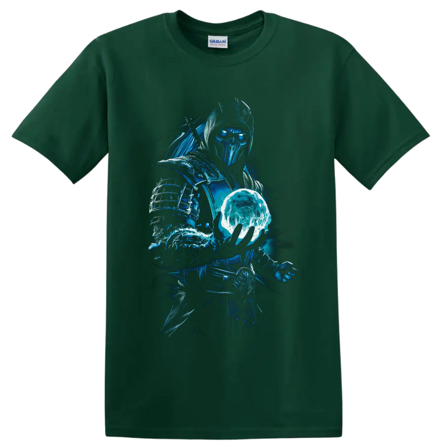 Sub-Zero ice warrior holding a glowing frozen orb in electric blue fantasy art on a Forest Green T Shirt