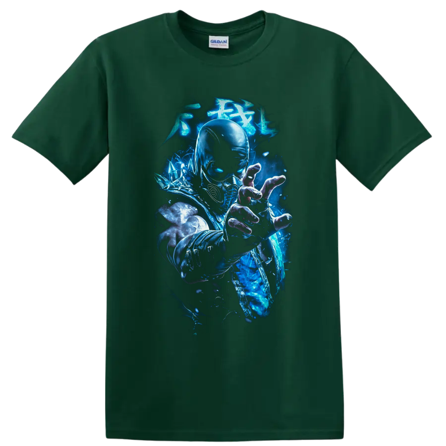 Sub-Zero ice ninja with glowing blue energy, crystalline shards, and combat armor on a Forest Green T Shirt