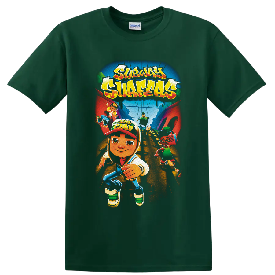 Subway Surfers runners racing along train tracks in colorful cartoon game art on a Forest Green T Shirt