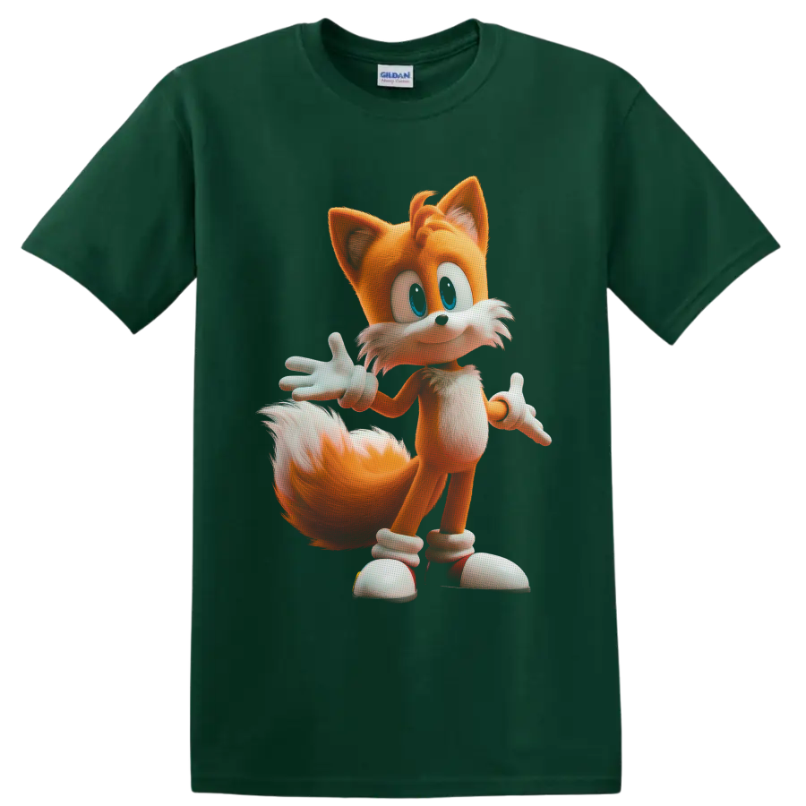 Tails from Sonic the Hedgehog in a colorful full-body cartoon pose on a Forest Green T Shirt