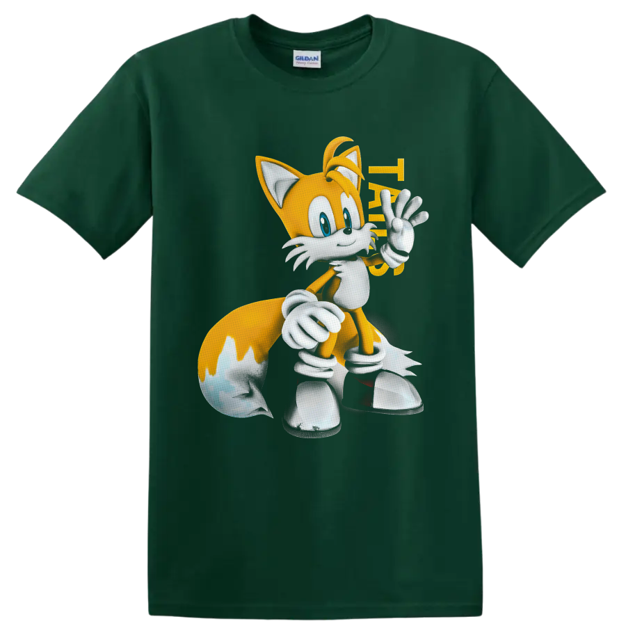 Tails from Sonic the Hedgehog waving in bright retro cartoon art on a Forest Green T Shirt