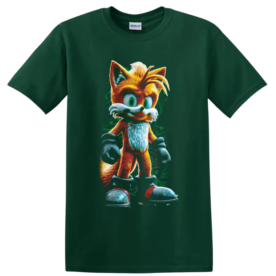 Tails Sonic the Hedgehog two-tailed fox in colorful textured cartoon art on a Forest Green T Shirt