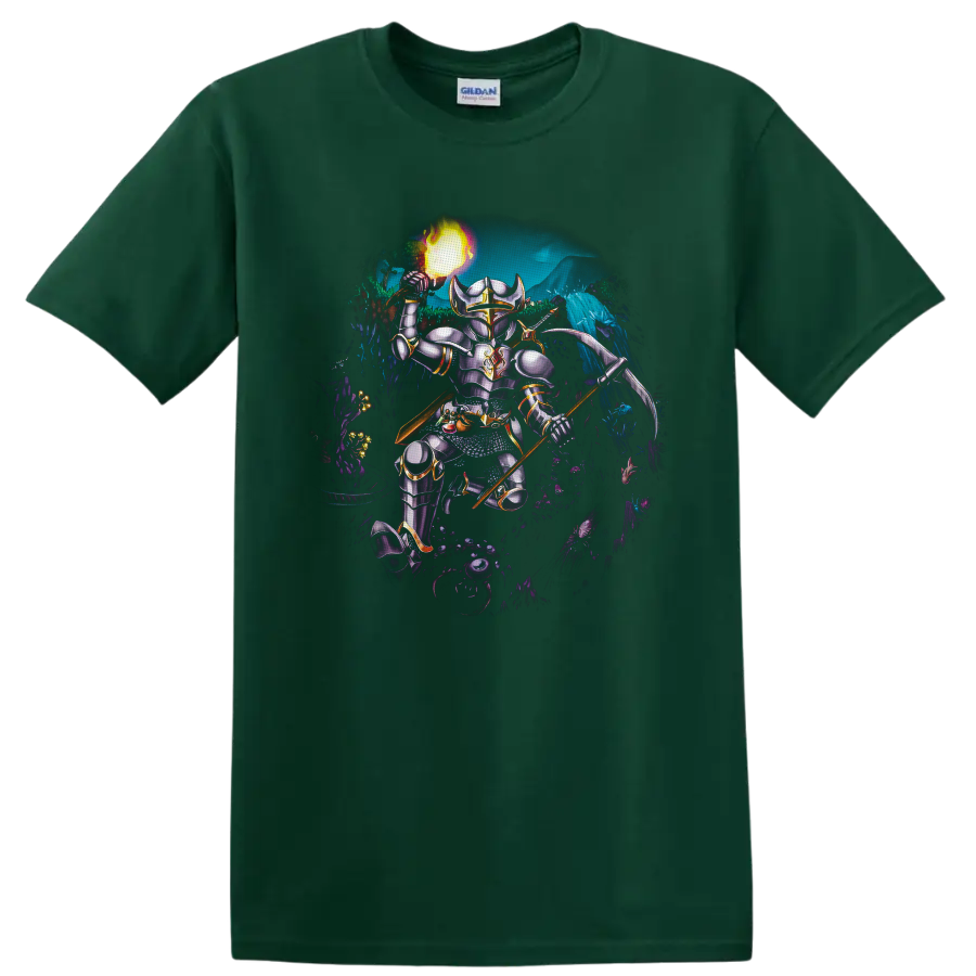 Terraria armored player character with fireball and polearm in a glowing cavern battle on a Forest Green T Shirt