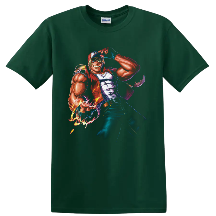 Terry Bogard anime-style fighter artwork tipping red cap with fiery glowing fist on a Forest Green T Shirt