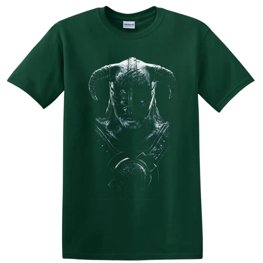 Dragonborn Skyrim warrior portrait with horned Nordic helmet and dragon emblem on a Forest Green T Shirt