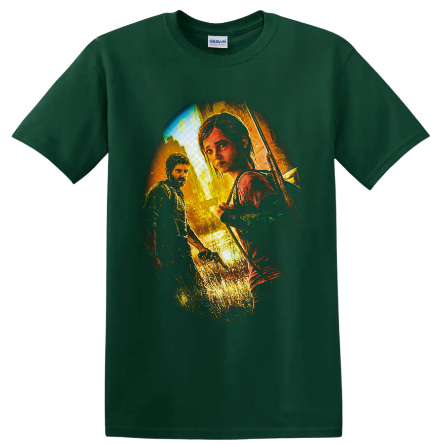 Joel and Ellie in distressed cinematic survivor art with bow and overgrown ruins on a Forest Green T Shirt