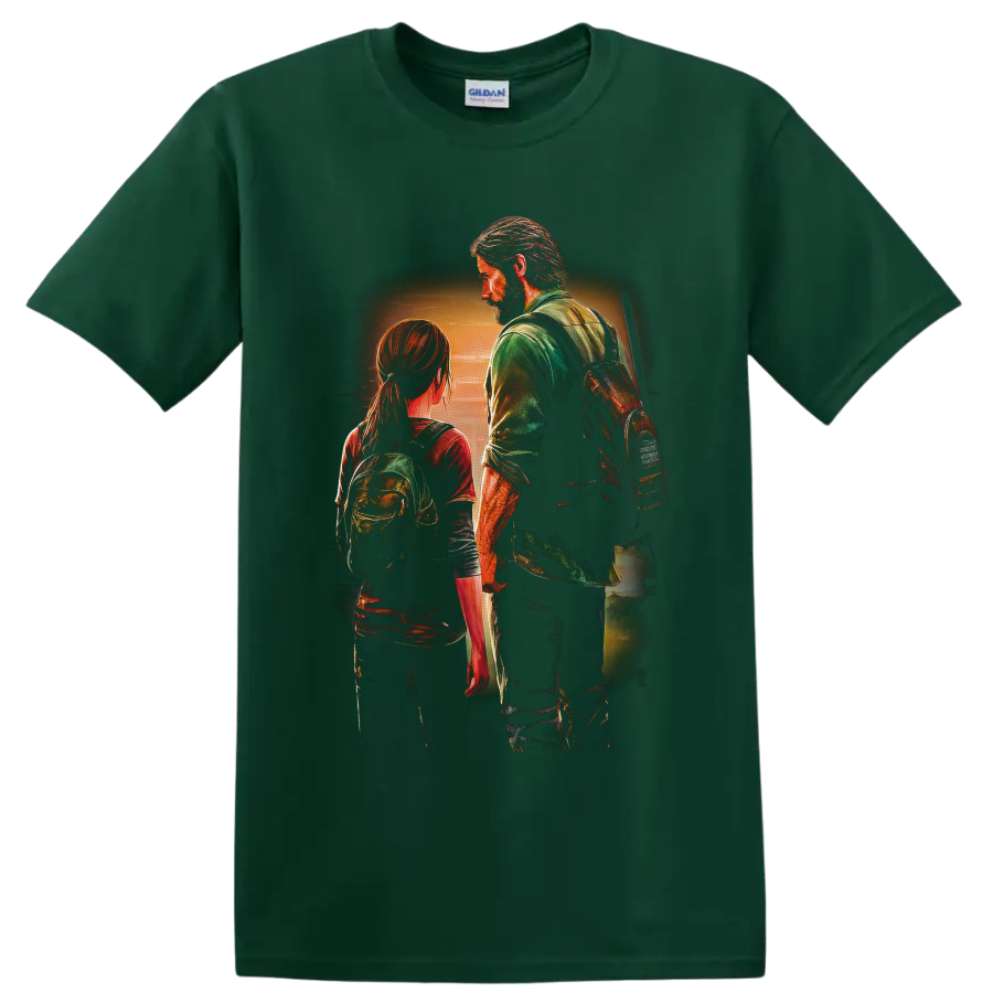 Joel and Ellie sunset survivor scene in textured painterly gaming art on a Forest Green T Shirt