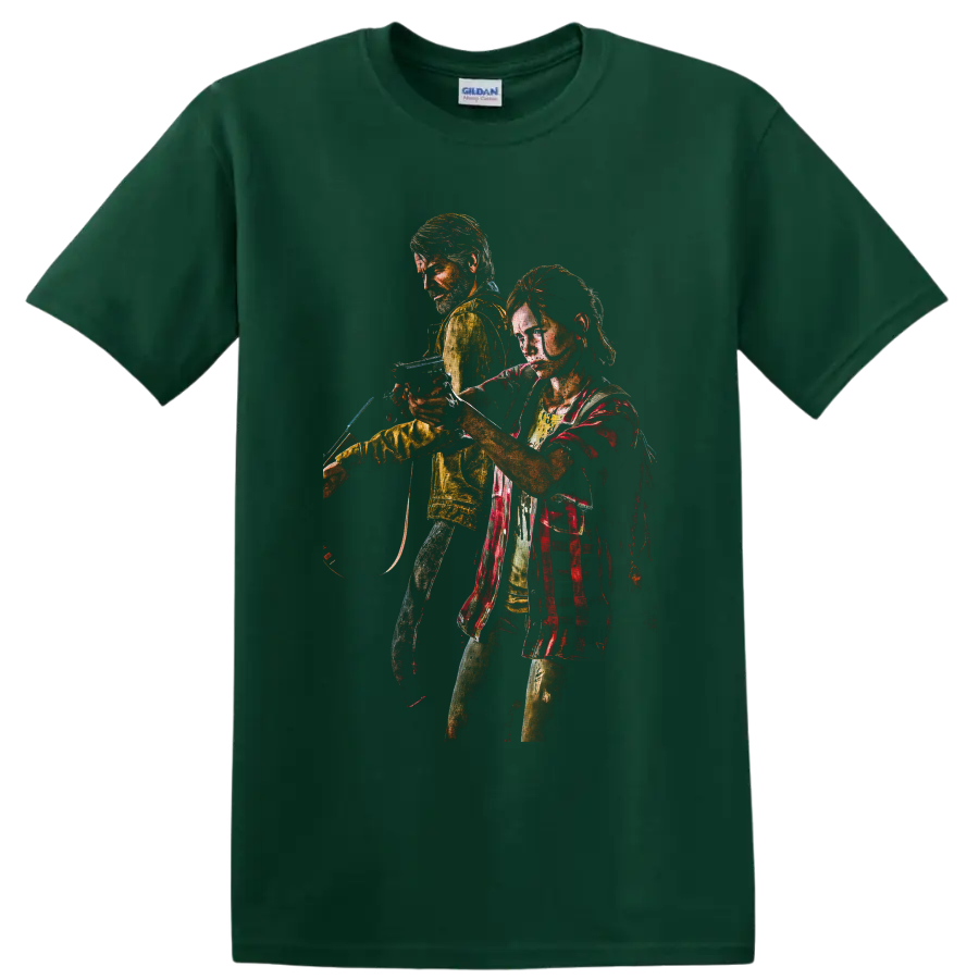 Joel and Ellie distressed survival character artwork from The Last of Us on a Forest Green T Shirt