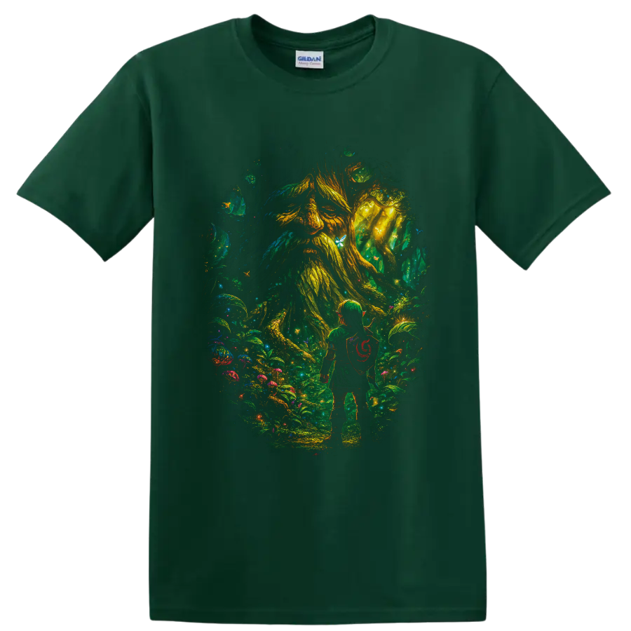Link facing the Great Deku Tree in a glowing painterly fantasy forest on a Forest Green T Shirt
