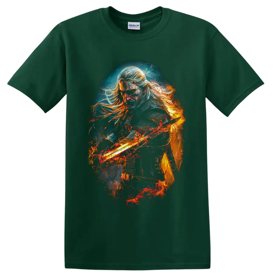 Geralt of Rivia with a fiery sword in dramatic painterly fantasy art on a Forest Green T Shirt