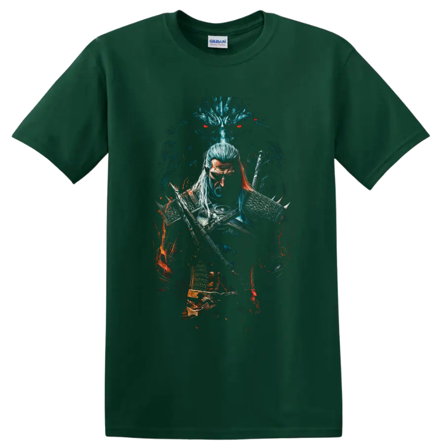 Geralt of Rivia with swords, wolf medallion, spectral wolf, and fiery dark fantasy art on a Forest Green T Shirt
