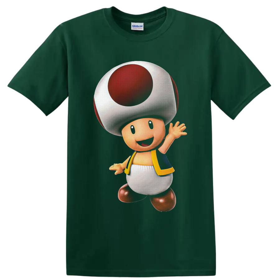 Toad from Super Mario waving in colorful polished character art on a Forest Green T Shirt