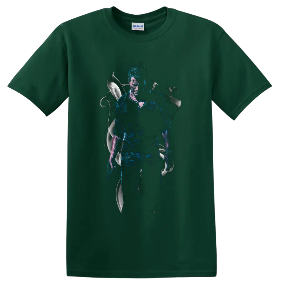 Nathan Drake Uncharted 4 blue textured action portrait with silver abstract accents on a Forest Green T Shirt