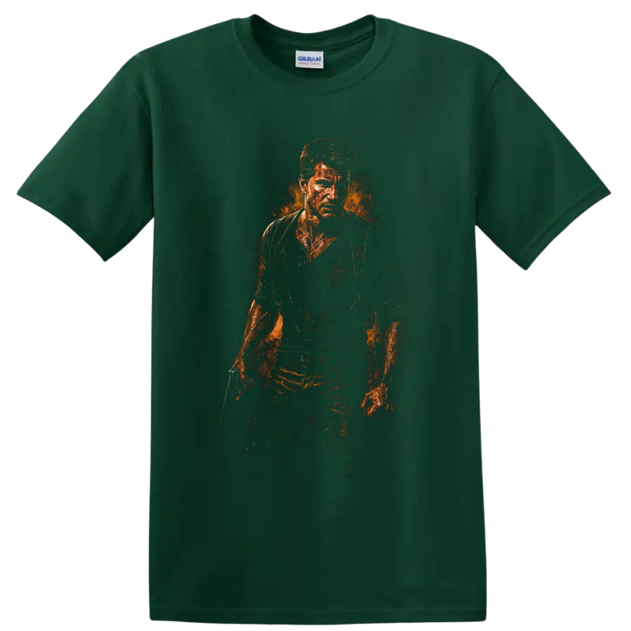 Nathan Drake Uncharted fiery painterly action portrait holding a pistol on a Forest Green T Shirt
