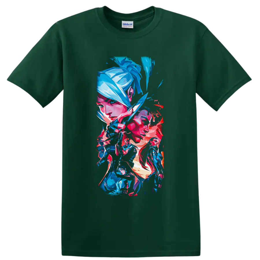 Valorant Agents in a neon blue, pink, and red angular gaming character collage on a Forest Green T Shirt