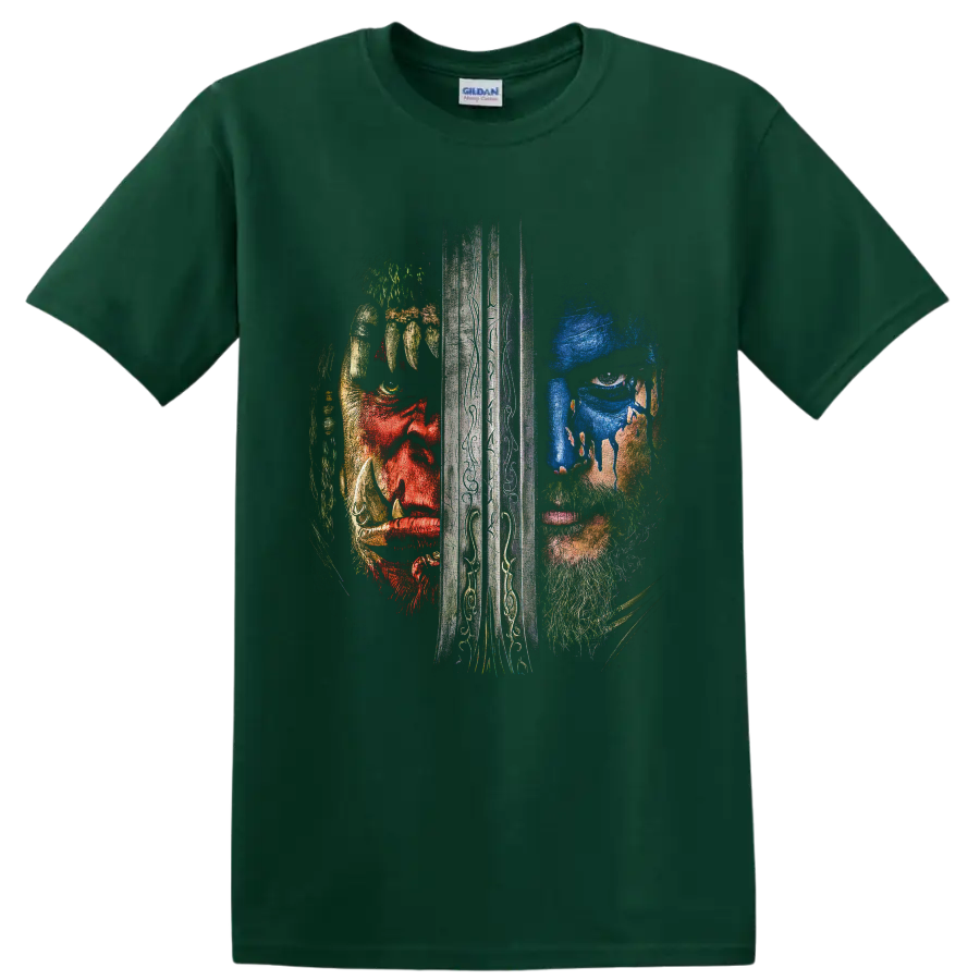 Warcraft Alliance and Horde split warrior portrait divided by an engraved sword on a Forest Green T Shirt