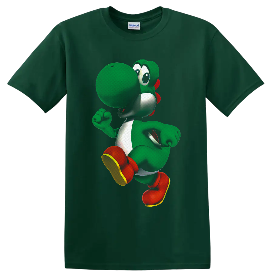 Yoshi running pose cartoon graphic from Super Mario on a Forest Green T Shirt