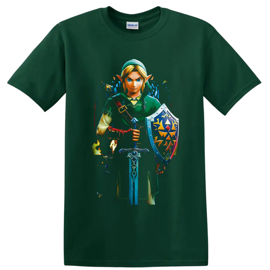 Link with sword and ornate shield in vivid fantasy game art on a Forest Green T Shirt