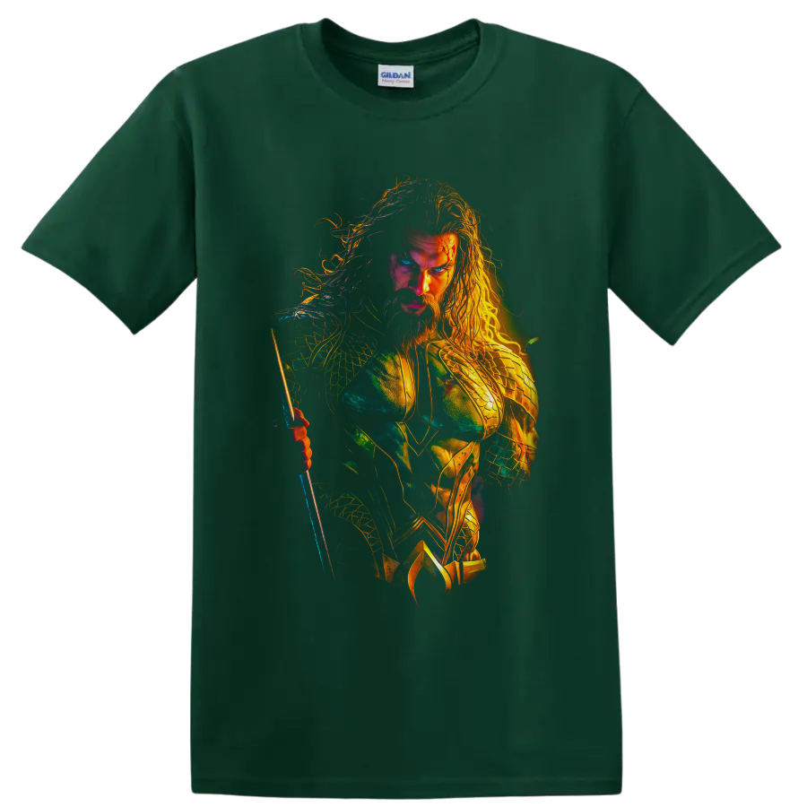 Aquaman trident warrior in luminous teal and gold comic-inspired armor art on a Forest Green T Shirt