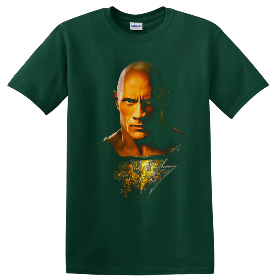 Black Adam portrait with cracked golden lightning motif and dramatic comic-style shadows on a Forest Green T Shirt