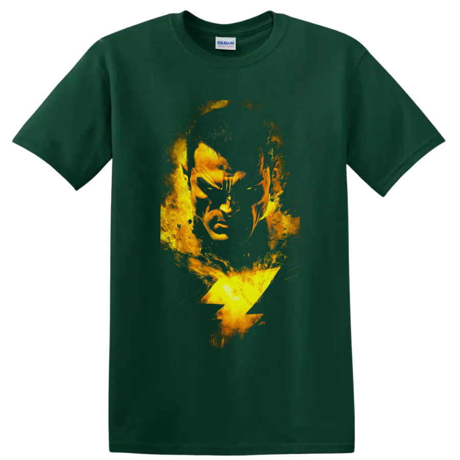 Shazam superhero portrait with golden lightning bolt and distressed comic-style energy on a Forest Green T Shirt