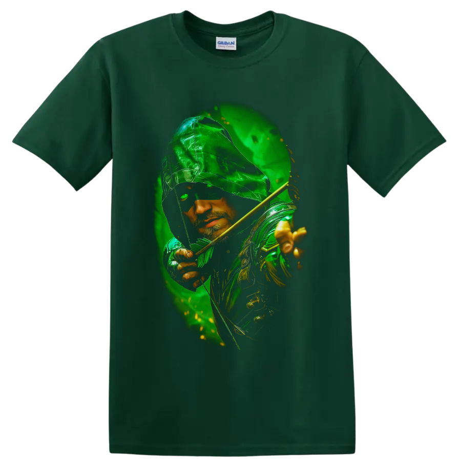 Green Arrow hooded archer portrait with golden bow and emerald comic-style glow on a Forest Green T Shirt