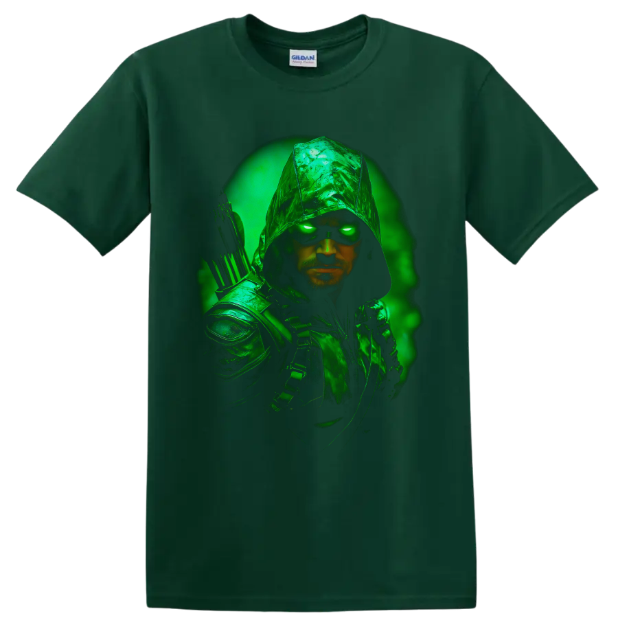 Green Arrow hooded archer portrait with glowing green eyes and neon aura on a Forest Green T Shirt