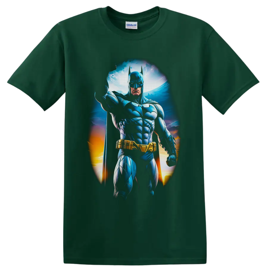 Batman White Lantern comic art with blue armor, gold belt, cape, and glowing skyline on a Forest Green T Shirt