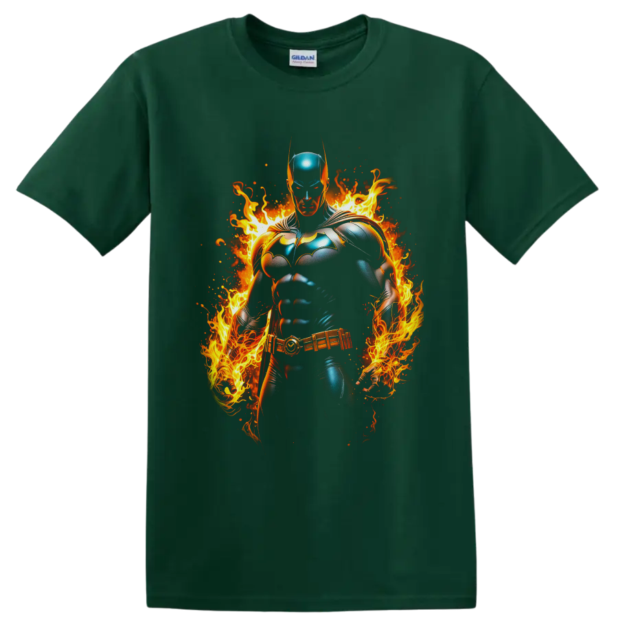 Batman White Lantern Brightest Day comic hero surrounded by vivid flames and embers on a Forest Green T Shirt