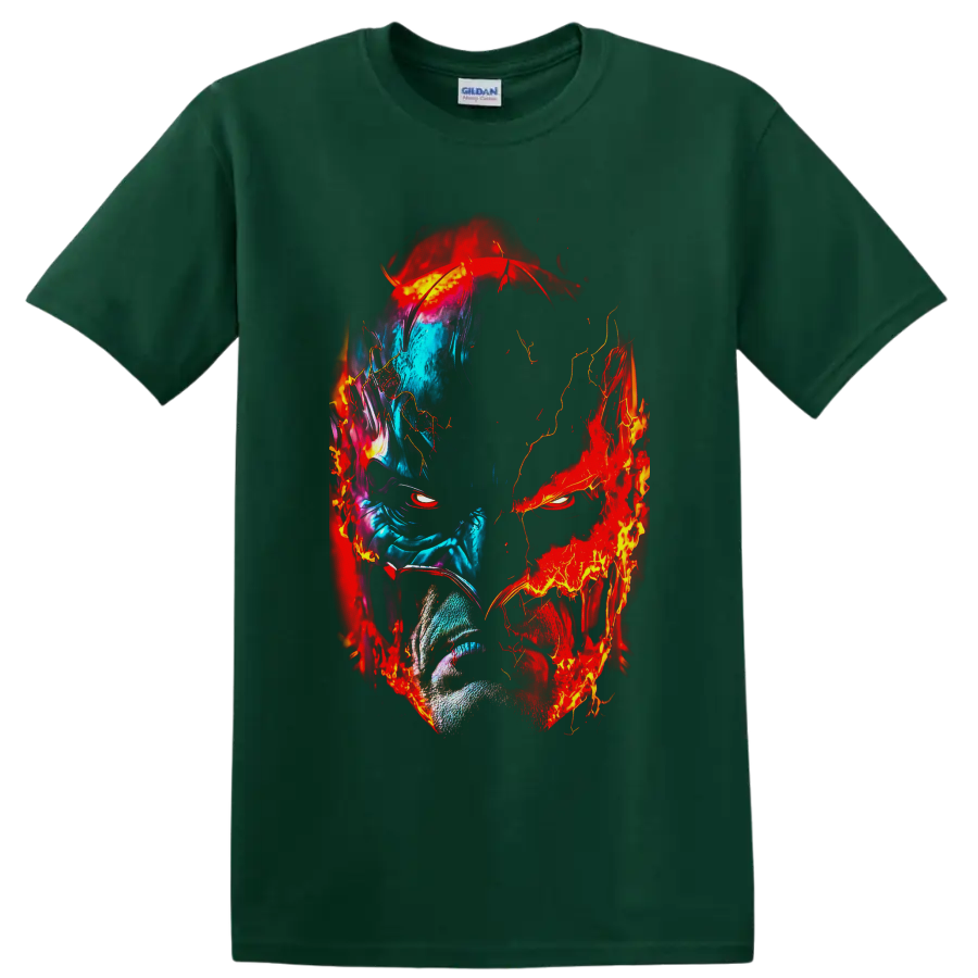 Batman split-face portrait in blue ice tones and red flame comic art on a Forest Green T Shirt