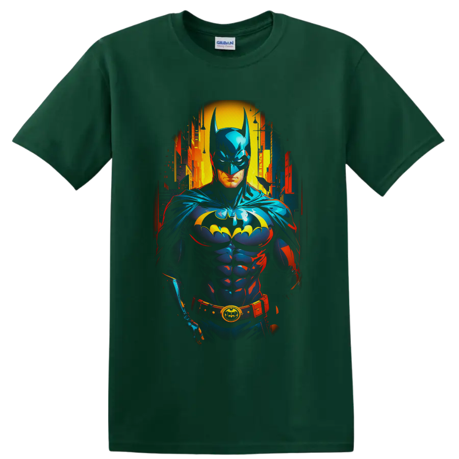 Batman in neon comic-book style before a glowing Gotham City skyline on a Forest Green T Shirt