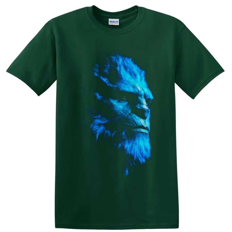 Beast X-Men electric blue mutant side-profile portrait in detailed comic-inspired style on a Forest Green T Shirt
