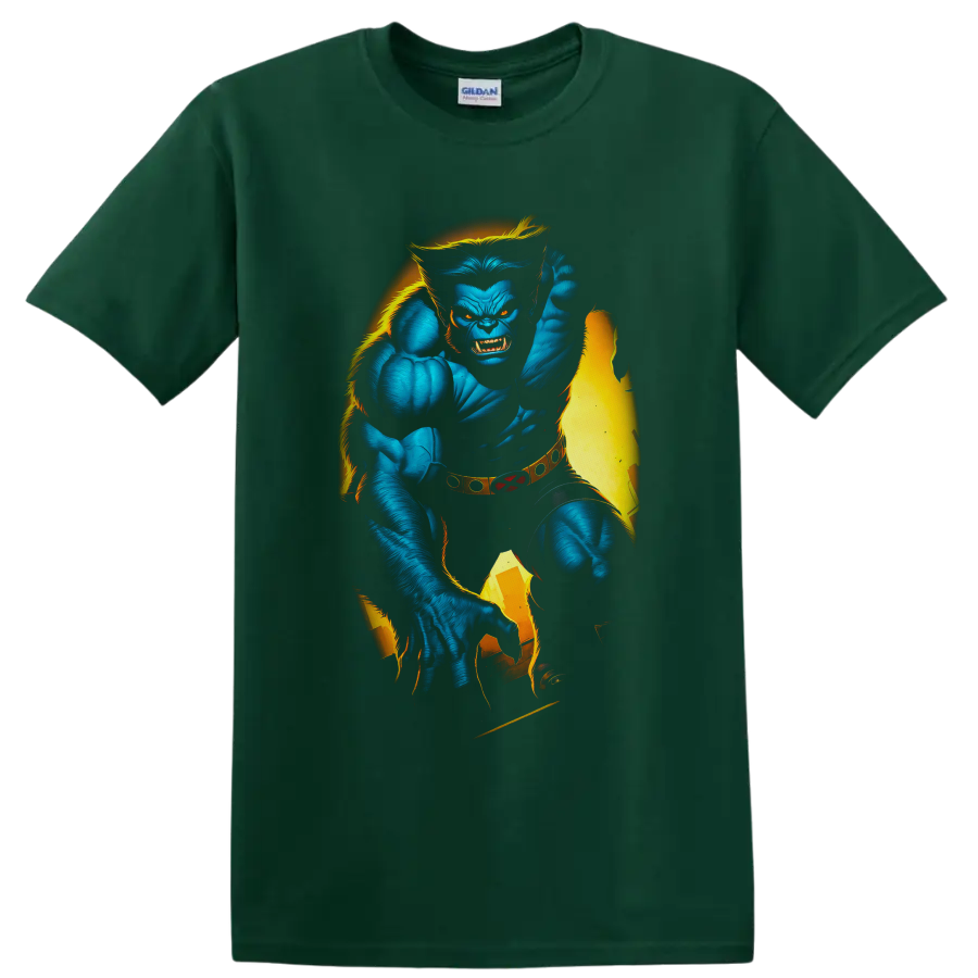 Beast Hank McCoy blue mutant superhero comic art with torn yellow costume on a Forest Green T Shirt