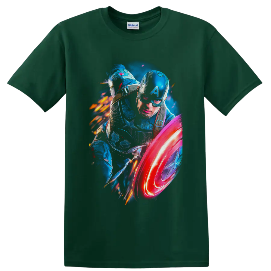 Sam Wilson Captain America in luminous armor with star shield and fiery action effects on a Forest Green T Shirt