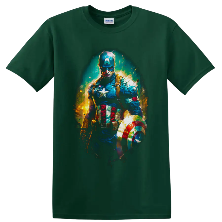 Captain America Steve Rogers with shield in vivid comic-inspired action art on a Forest Green T Shirt