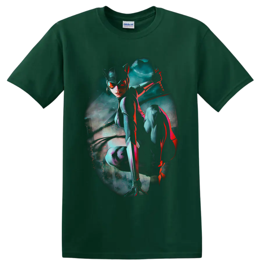 Catwoman cyberpunk art with whip, teal neon city mist, and red highlights on a Forest Green T Shirt