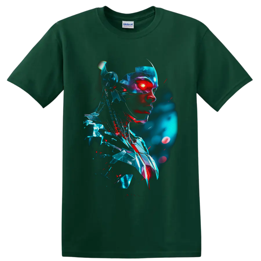Cyborg Victor Stone cybernetic portrait with glowing red eye and teal futuristic armor on a Forest Green T Shirt
