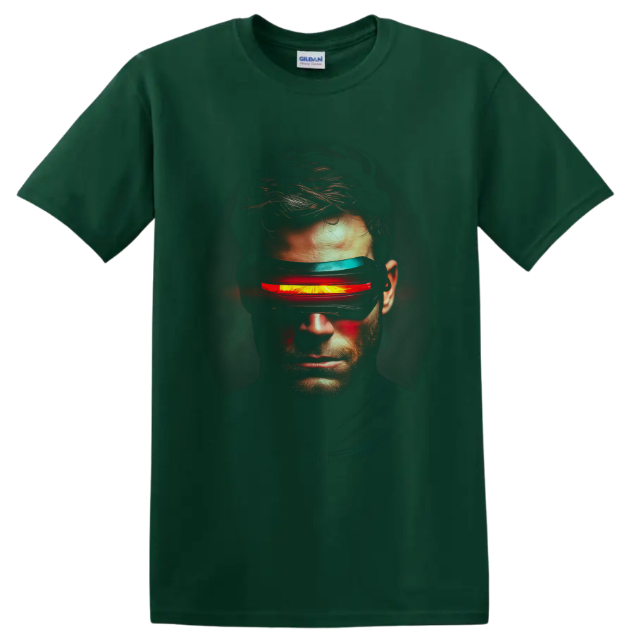 Cyclops Scott Summers portrait with glowing red visor beam in cinematic comic art on a Forest Green T Shirt