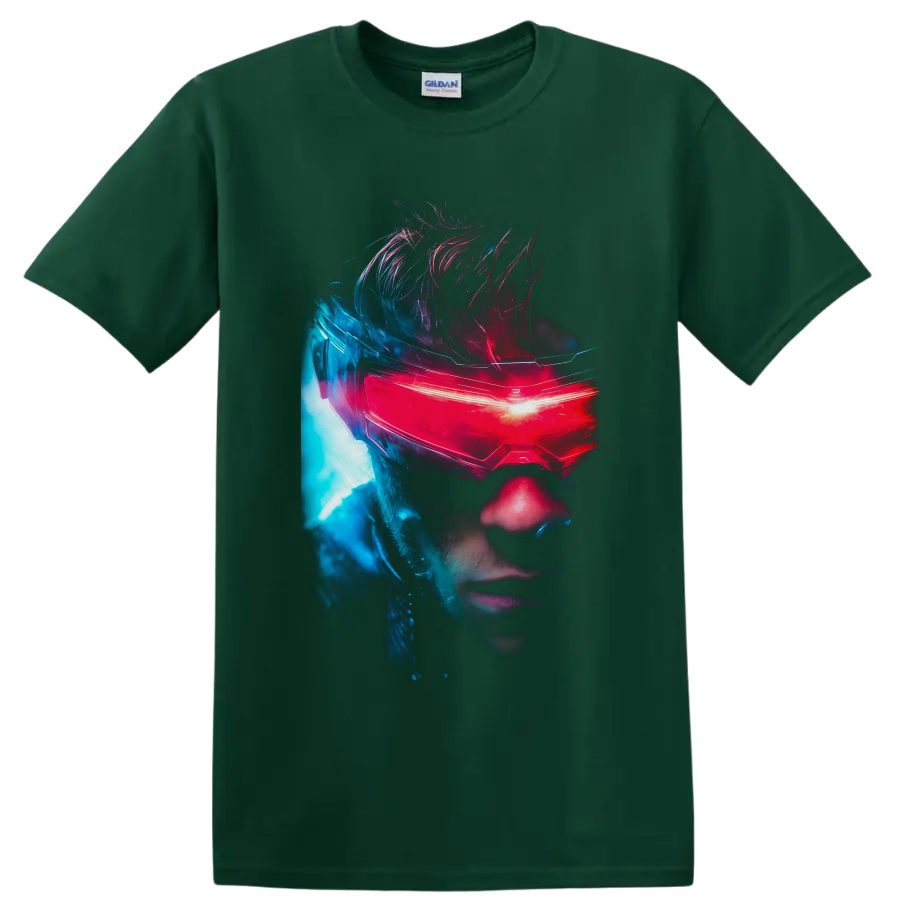 Cyclops Scott Summers neon portrait with glowing red visor and blue sci-fi light on a Forest Green T Shirt